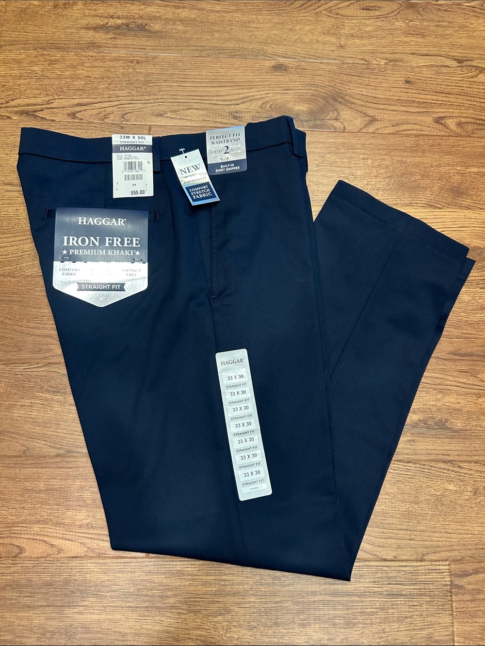 Haggar Men's Iron Premium Khaki Straight Fit Navy Blue 33 x 30 NWT